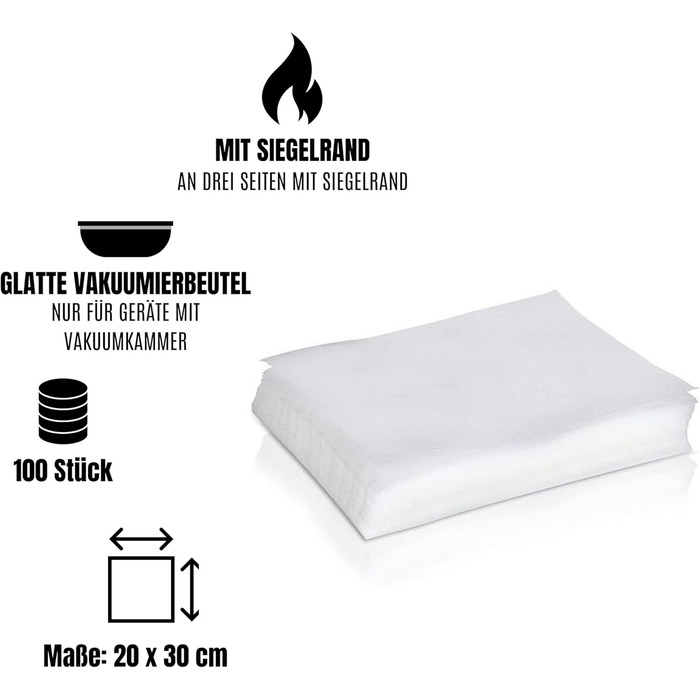 Вакуумні пакети Вакуумні пакети 20х30 см Глатт 100 шт. Для камерних вакууматорів Їжа Пилосос PA/PE 20/70 90 мкм Вакуумна плівка для м'яса, ковбаси, сиру, фруктів, овочів, шнеків