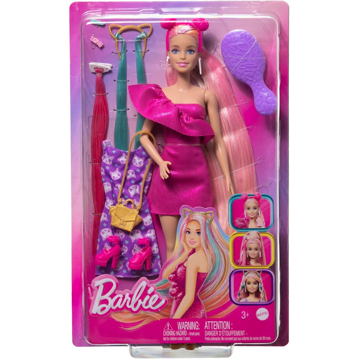 Лялька Barbie, Fun & Fancy Hair з наддовгим барвистим світлим волоссям і блискучою рожевою сукнею, 10 аксесуарів для зачіски та мо