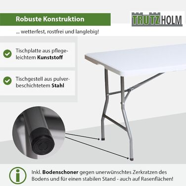 Садовий стіл TRUTZHOLM, стіл для розпродажу, обідній стіл, стіл для пивного намету, розкладний стіл, білий, 180 x 75 x 74 см, складаний, кемпінговий стіл, стіл для вечірок на 8 осіб з ручкою для перенесення