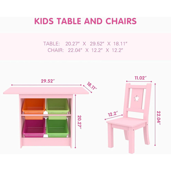 Дитячий стіл та стільці - Дитячі столи з масиву дерева рожевого кольору - Стіл з 4 коробками для зберігання, Дитячий стіл у формі зірки з 2 стільцями - Екологічно чистий