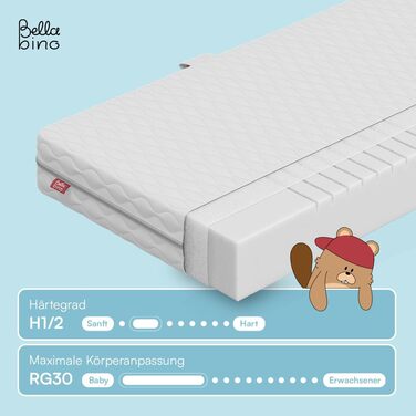 Дитяче ліжко Bellabino Aspy 90x200 см Двоярусне ліжко з матрацом, поручнями та рейковою основою Ліжко середнього класу з драбиною з масиву сосни білого/натурального кольору Дитяче ліжко для хлопчиків та дівчаток з білим матрацом Без шухляд