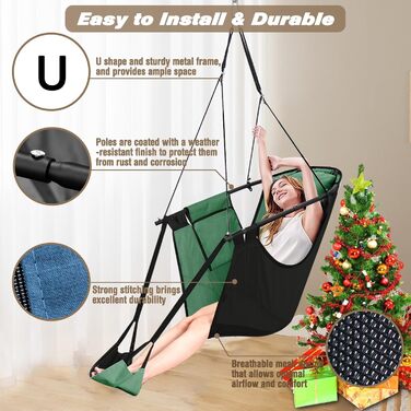 Підвісне крісло Chihee з підставкою для ніг, гамак-крісло з металевим каркасом U-подібної форми, міцне крісло-гойдалка Teslin з тканини Оксфорд з боковими кишенями, підголівник, карабін, міцна опора та повітропроникність, зелений