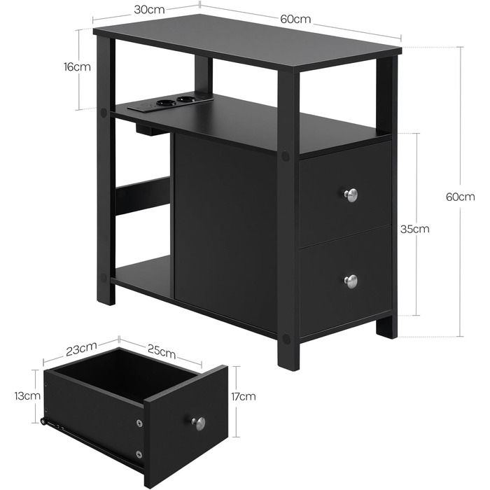 Журнальний столик WOLTU з розеткою, тумбочка з функцією заряджання, вузький диван-столик, з 2 шухлядами, 2 полицями, 1 відділенням, для вітальні/спальні, 60x60x30 см, чорний, BTS28sz