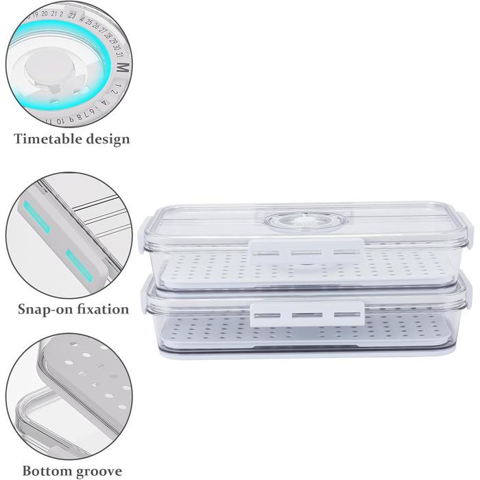 Коробка для зберігання сиру та ковбаси для холодильника, комплект з 2 шт. коробка Deli з лотком для зливання рідини та таймером, герметична, штабелюється та прозора, ідеально підходить як коробка Deli для сиру та ковбаси в холодильнику