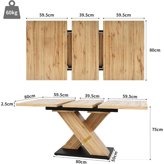 Розсувний дерев&39яний обідній стіл, кухонний стіл 120/160x80x75см, розсувний обідній стіл на 4-6 осіб, опора з алюмінієвого сплаву, розсувний обідній стіл (квадратний, дерево A) Деревина A квадратна