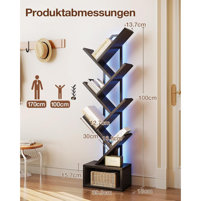 Книжкова полиця Coleshome у формі дерева, 6-ярусна окремостояча полиця, дерев&39яна книжкова полиця зі світловою стрічкою, підходить для вітальні та спальні, чорна