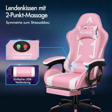 Ігрове крісло ALFORDSON, офісне крісло, з 2-точковим масажем, підставкою для ніг, підголівником та поперековою подушкою, регульована спинка 150, штучна шкіра, рожевий