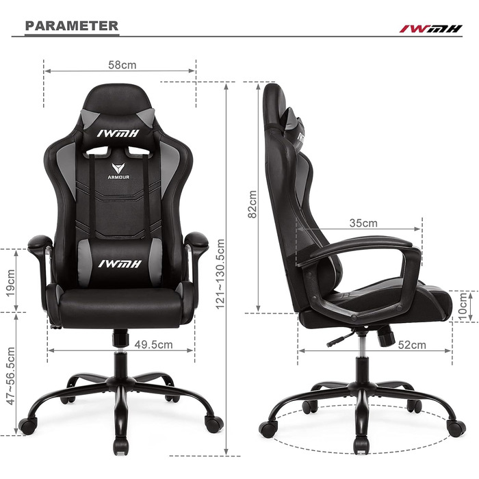 Ігрове крісло IWMH, ергономічне комп&39ютерне крісло з високою спинкою, регульоване по висоті поворотне крісло, гоночне крісло з підлокітниками, регульованим підголівником та поперековою опорою (сіре)