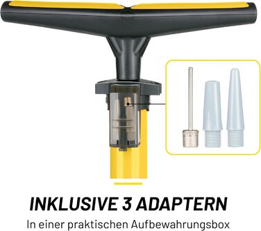 Велосипедний насос Dunlop з подвійним клапаном - велосипедний повітряний насос з 2 адаптерами - для всіх клапанів - клапани Dunlop, Presta та Schrader - 12 бар/180 PSI - ножний насос, манометр, жовтий
