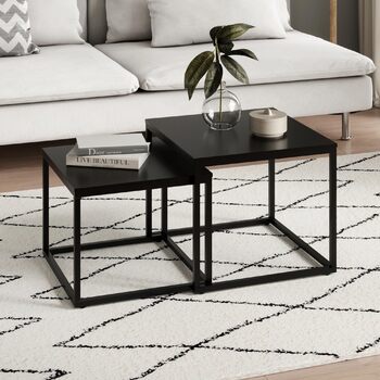 Набір з 2 квадратних дерев&39яних журнальних столиків, сучасний стіл для вітальні, комплект бічних столиків 2-в-1 з металевим каркасом для вітальні, офісу, дизайн лофт Twin Чорний, квадратний