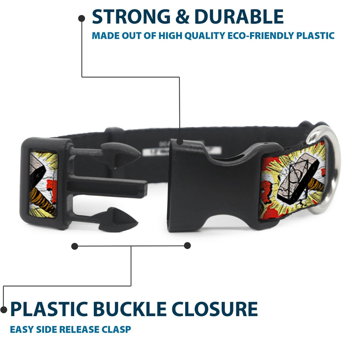 Нашийник для собак з пластику з застібкою, Молот Тора у червоно-жовто-білих кольорах, ширина 22.9-38.1 см, багатокольоровий (PC-WTH005-S) - ширина 2.5 см, для обхвату шиї 35-45 см, розмір S