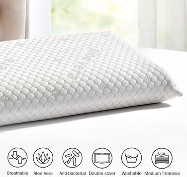 Віскоеластична подушка з обробкою з алое вера, середньої жорсткості, зі срібними нитками та подвійним чохлом для відпочинку та комфорту. 70x35 см (упаковка з 2 шт.)