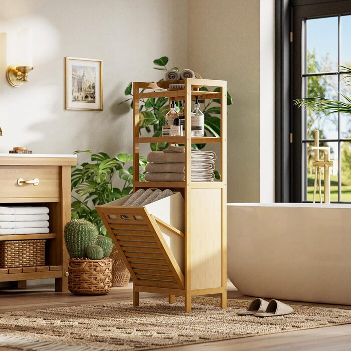 Шафа для ванної кімнати HITNET з кошиком для білизни, бамбукова шафа для ванної кімнати з кошиком для білизни та 3 відкритими полицями, знімні внутрішні кишені об&39ємом 32 л з ручками для ванної кімнати та спальні, натуральний колір