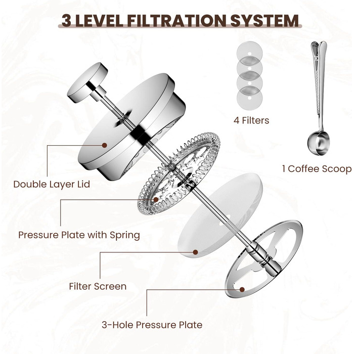 Кавоварка з нержавіючої сталі френч-прес Velaze, кавоварка 350 мл на 2-3 чашки, французький кавоварський прес з подвійними стінками, елегантний дизайн, кавник з 5 фільтрами з нержавіючої сталі та 1 ложкою 350 мл