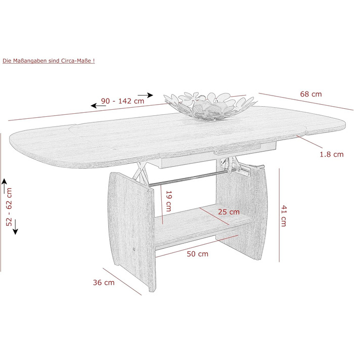 Функціональний журнальний столик Michael, імітація дерева з меламіновим покриттям, декор бука, розсувний 90-142 см, регульована висота за допомогою ручки 52-62 см