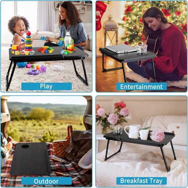 Стіл для ноутбука на ліжко або диван, робочий стіл для роботи в ліжку, стіл для домашнього офісу, піднос для сніданку, стіл для перегляду фільмів у ліжку, складний стіл з ніжками (чорний)