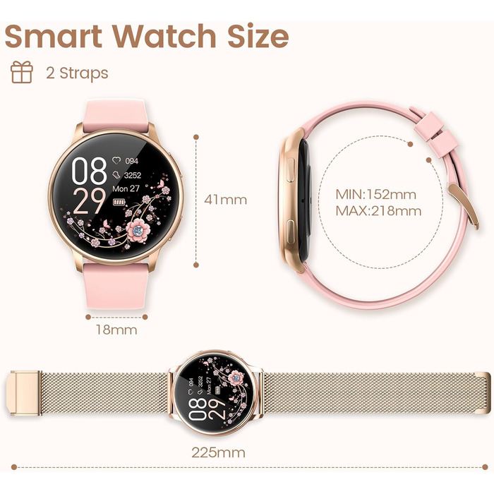 Жіночий смарт-годинник RUXINGX з функцією телефону, 1,32-дюймовий HD Full Touch екран, наручний годинник з монітором серцевого ритму SpO2, монітором менструального циклу, монітором сну, крокоміром, трекером калорій, фітнес-трекером, IP68, сумісний з iOS/A