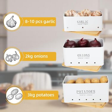 Ящик для зберігання картоплі - Комплект із 3 предметів - Зберігання картоплі, цибулі та часнику - Довше зберігає овочі свіжими - Горщик для картоплі, горщик для цибулі та горщик для часнику - Білий