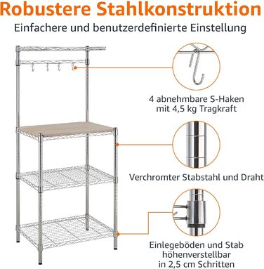 Кухонна полиця Storeo Basics 3, пекарська полиця з дерев&39яним столом, хромована, дерев&39яна, 61 см хромована, бежева