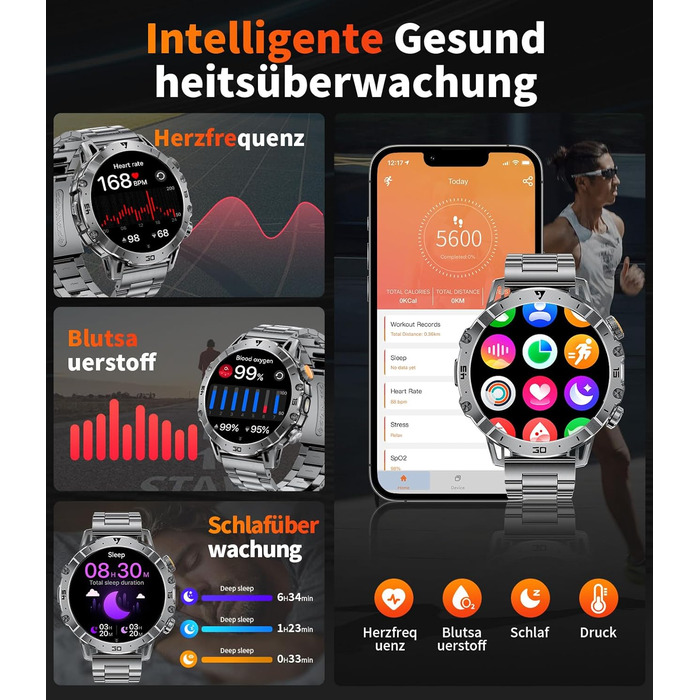 Розумний годинник SUNKTA для чоловіків, великий акумулятор 1000 мАг, 1,7-дюймовий HD-дисплей, Bluetooth-дзвінки, сумісний з iOS та Android, зі світлодіодним ліхтариком, пульсометром/монітором сну/крокоміром, сірий, включає 3 браслети та 2 зарядні пристрої