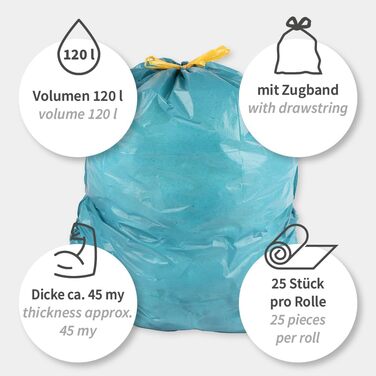 Сміттєві пакети Franz Mensch на 75 предметів, 120 л зі шнурком, LDPE, сині, стійкі до розриву, рулонні, для утилізації відходів, приблизно 45 мкм
