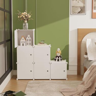 Кубоподібний модуль для зберігання з дверцятами, 6 кубічних полиць, гардеробна шафа, модульна пластикова полиця, ідеально підходить для спальні, 93,5 см Д x 31,8 см Ш x 93,5 см В, молочно-білий, USHS3006M-DOOR