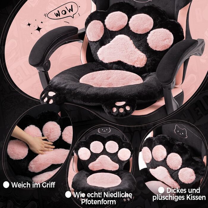 Ергономічне ігрове крісло Dowinx з підставкою для ніг, ігрове крісло з тканини &quotкотяча лапа&quot, дизайн сидіння без крил, регульоване ігрове та комп&39ютерне крісло, рожеве ігрове крісло з котячою лапою, для дорослих, рожево-чорне