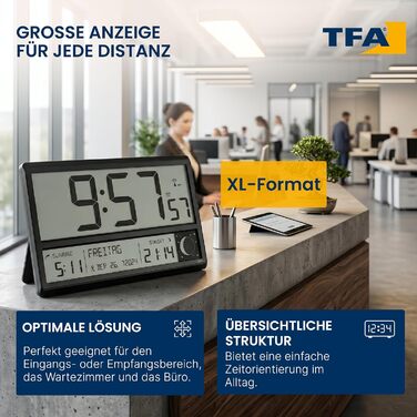 Цифровий радіокерований настінний годинник TFA Dostmann Digitale XL (60.4524.01) з часом сходу та заходу сонця, будильником, великими цифрами, фазами місяця, безшумний, чорний