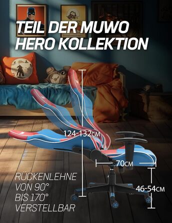 Ігрове крісло MUWO Hero для кіберспорту ергономічне з регульованою спинкою (від 90 до 170), регульованим по висоті сидінням, знімними подушками для голови та спинки та функцією повороту на 360 (жовтий/червоний)