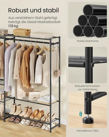 Вішалка для одягу SONGMICS, Відкрита шафа, Вішалка для пальто з 10 полицями, 3 вішалки для одягу, 4 S-подібних гачки, Металевий каркас, для спальні, вітальні, вхідної зони, Чорний LGR011BZ01 206.4W см