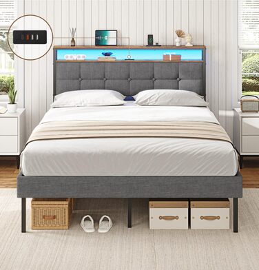 М&39яке ліжко AOGLLATI 140x200 з металевою рейковою основою, каркас ліжка зі світлодіодним освітленням та розетками, ліжко з місцем для зберігання, металеве ліжко з узголів&39ям, двоспальне ліжко, каркас ліжка з USB-портами, 140x200 см