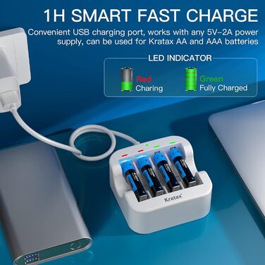 Акумуляторні літієві батарейки Kratax AAA 1100 мВтгод, 1,5 В батарейка AAA 4 батарейки та 1 зарядний пристрій, швидка зарядка, 1200 циклів зарядки та розрядки, 4 батарейки AAA 1 зарядний пристрій