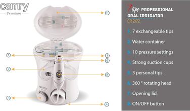 Іригатор для порожнини рота CAMRY CR 2172, очищувач зубів з 7 насадками, іригатор для порожнини рота з резервуаром для води 600 мл, водяна нитка, професійне чищення зубів, ідеально підходить для сім'ї, подорожі, білий, один розмір