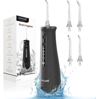 Іригатор для порожнини рота Акумуляторний Mornwell Water Flosser для зубів, 4 режими чищення 4 насадки Резервуар для води 260 мл Портативний іригатор для порожнини рота Interdental Cleaner для чищення BlackF32