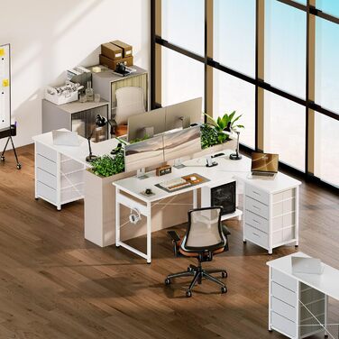 Кутовий письмовий стіл ODK з 4 шухлядами, 135100 см L-подібний стіл з розеткою та портом зарядки USB, двосторонній стіл з місцем для зберігання для домашнього офісу, білий колір 135 100 см