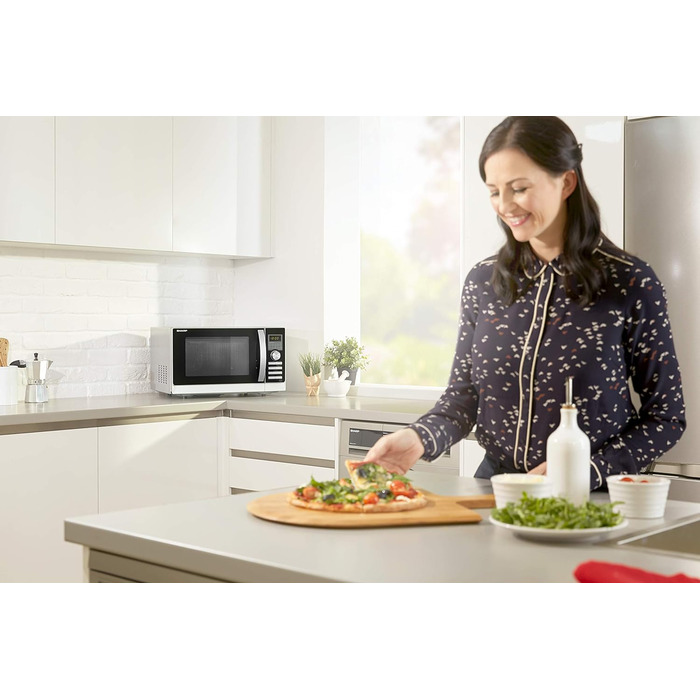 Мікрохвильова піч Sharp R843INW 4-в-1 з гарячим повітрям, грилем і конвекцією/ 25 л/ 800 Вт/ 1000 Вт інфрачервоний гриль/ 2500 конвекція/ 10 автоматичних програм/ програма для піци/ металевий поворотний стіл (30 см)/ срібло Одинарний