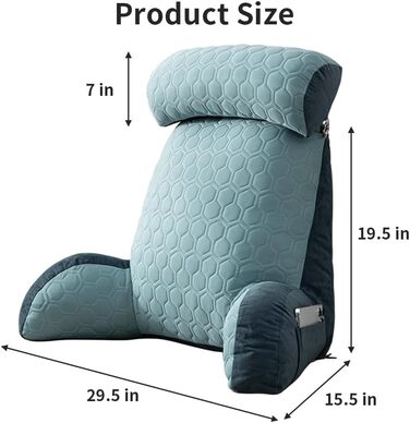 Подушка для читання для дорослих (Д x В) 75 x 55 см подушка для поперекової підтримки зі знімним валиком для шиї, підлокітником та кишенями, для ліжка, офісного крісла та дивана, ідеально підходить для читання, ігор, перегляду телевізора (світло-блакитна)