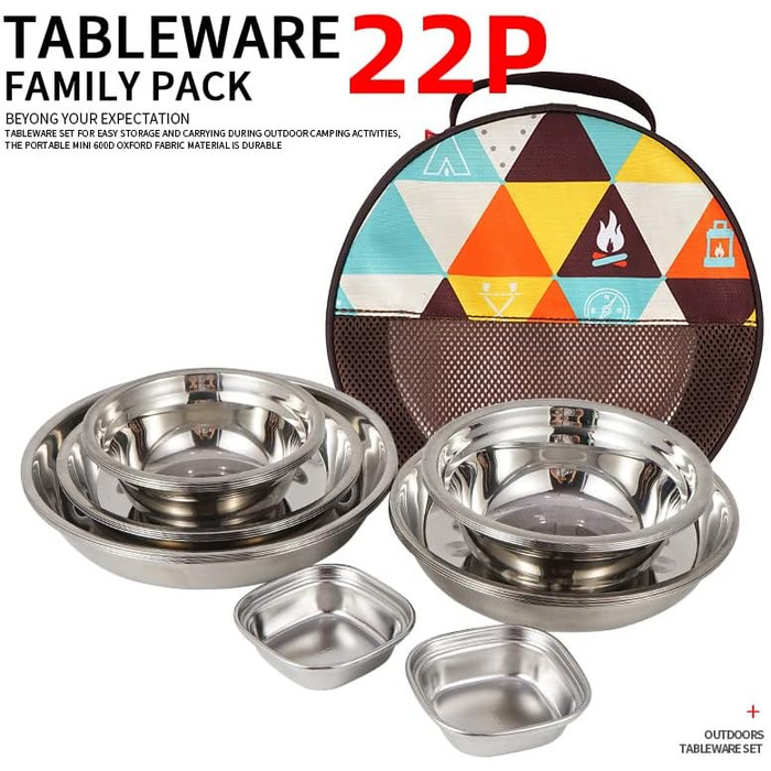 Набір посуду для кемпінгу на 22 частини, портативний похідний набір, полірований посуд з нержавіючої сталі, столові прибори для туризму та походів