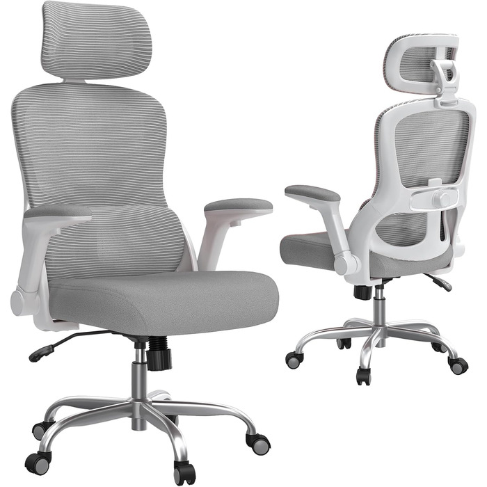 Ергономічне офісне крісло TRALT - Ігрове крісло з регульованим підголівником та поперековою опорою - Офісне крісло для дому - Комп&39ютерне крісло для високих людей - Сітчасте крісло, вантажопідйомність 150 кг, сірий колір