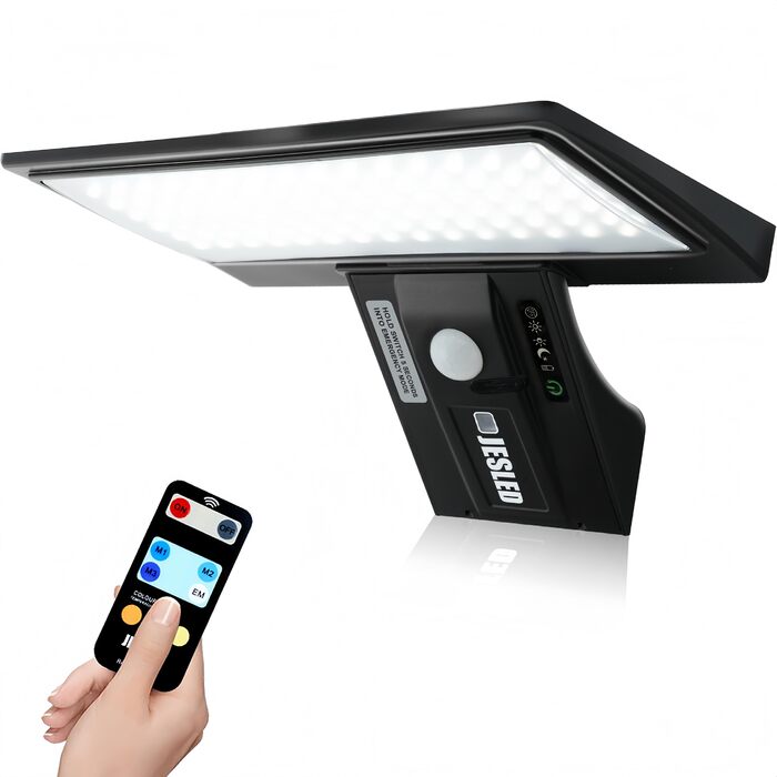 Вуличні сонячні ліхтарі JESLED з датчиком руху, 90 світлодіодних сонячних ліхтарів з пультом дистанційного керування, сонячний захисний настінний світильник ємністю 2600 мАг, 3 режими, водонепроникний настінний світильник IP65 для саду, двору, гаража