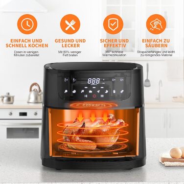 Аерофритюрниця CROWNFUL 6.2 л, електрична безмасляна плита XXL аерофритюрниця 8 в 1, фритюрниці з сенсорним РК-екраном і 8 попередніми налаштуваннями, точне регулювання температури, кошик з антипригарним покриттям середній