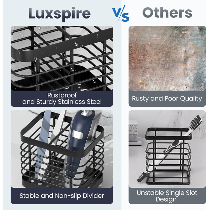 Тримач для зубної щітки Luxspire, тримач для електричної зубної щітки з нержавіючої сталі, настінний тримач для зубної щітки без свердління зі зливними отворами для органайзера для зубної пасти у ванній кімнаті, тримач головки для зубної щітки, чорний
