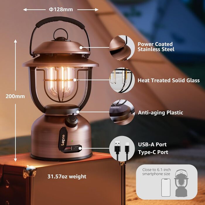 Акумуляторний кемпінговий ліхтар, ретро-кемпінговий ліхтар Lepro 1000 люмен із регульованою яскравістю, 2500K теплий білий та 5000K холодний білий, для кемпінгу та пікніків, внутрішнього освітлення, декоративного освітлення, надзвичайних ситуацій тощо.