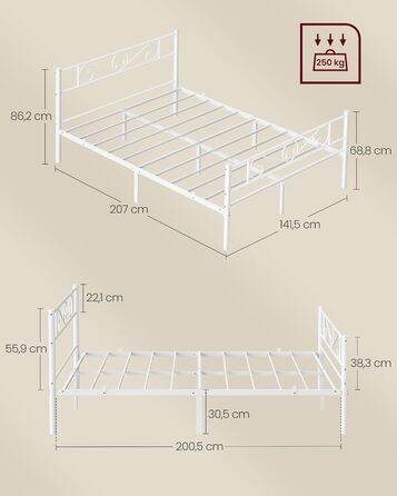 Ліжко VASAGLE 140 x 200 см, Гостьове ліжко, Двоспальне ліжко з металу, Каркас ліжка, Каркас ліжка, Металеве ліжко, Легке складання, Матовий білий RMB064WG01 140 x 200 см Матовий білий