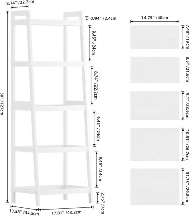 Бамбукова книжкова полиця SMIBUY з драбиною, органайзер для полиць у ванній кімнаті, окремостояча підставка для рослин, компактні полиці для спальні, кухні, балкону (біла, 5 полиць (127 см заввишки)) Біла 5 полиць (127 см заввишки)
