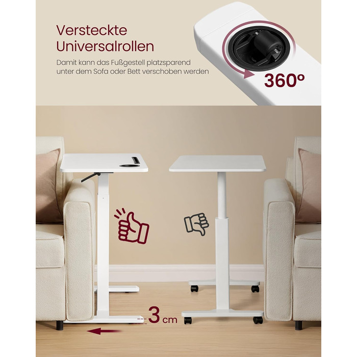 Журнальний столик VASAGLE з колесами, мобільний стоячий столик, стільниця 80 x 45 см, регульована висота, 2 підсклянники, відділення для мобільного телефону або планшета, хмарно-білий LSD601W01 80 x 45 см хмарно-білий