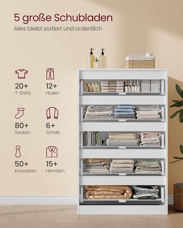 Комод VASAGLE з 5 шухлядами, комод, шафа з шухлядами, комод для білизни, для спальні, 40 x 60 x 97,4 см, колекція Modern Kailyn, білий LTS605WE01, 5 шухляд (60Ш см)