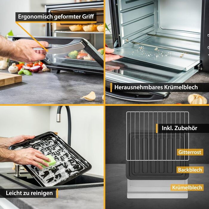 Літрова міні-піч 1600 Вт чорний Верхній/нижній нагрів до 230 градусів Плавне регулювання температури Таймер на 60 хвилин Подвійні скляні двері Міні-піч Лоток для крихт 30 л Аналогічні, 30-