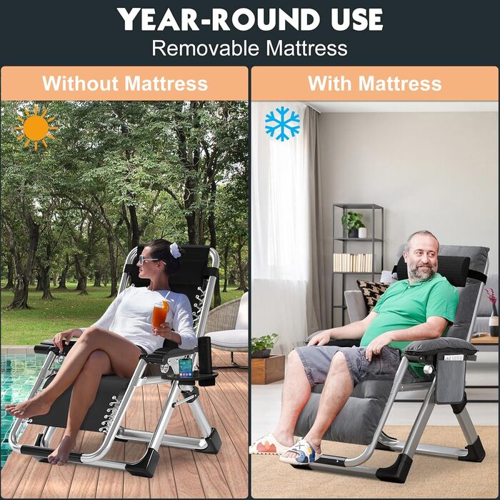 Складаний садовий шезлонг у нульовій гравітації, вантажопідйомність 200 кг з подушкою та бічною кишенею, ідеально підходить для дрімоти, відпочинку, садовий шезлонг, шезлонг на балконі, крісло для патіо (сірий)