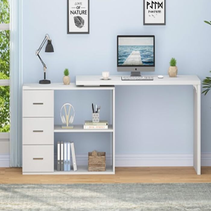 Білий L-подібний двосторонній кутовий письмовий стіл з місцем для зберігання для домашнього офісу Комп&39ютерний стіл з 3 шухлядами та 2 полицями для офісу Білий 140 см
